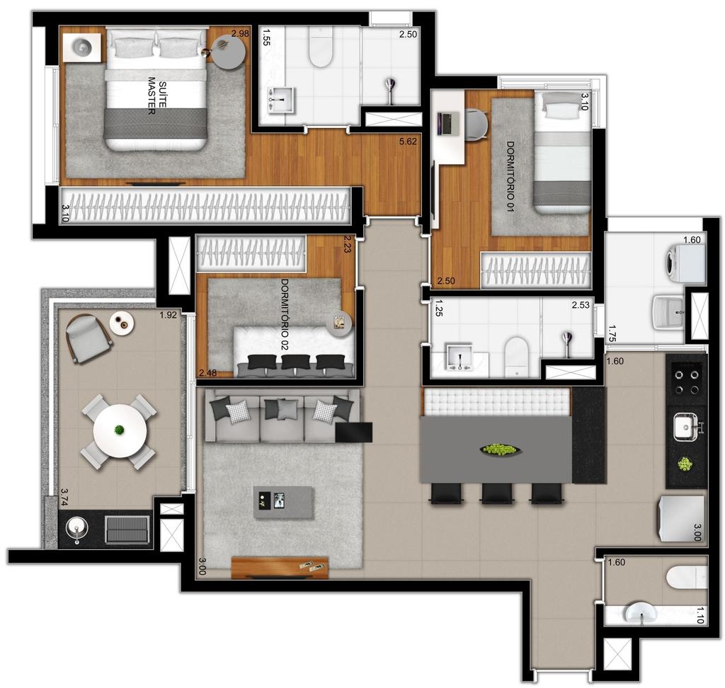 Rua Napoleão Laureano Rua Isabel de Castela 88,50m² - opção 1 andar tipo final 6 3 dorms (1 suíte) Lavabo Cozinha integrada ao living 2 vagas Depósito privativo Terraço com churrasqueira;