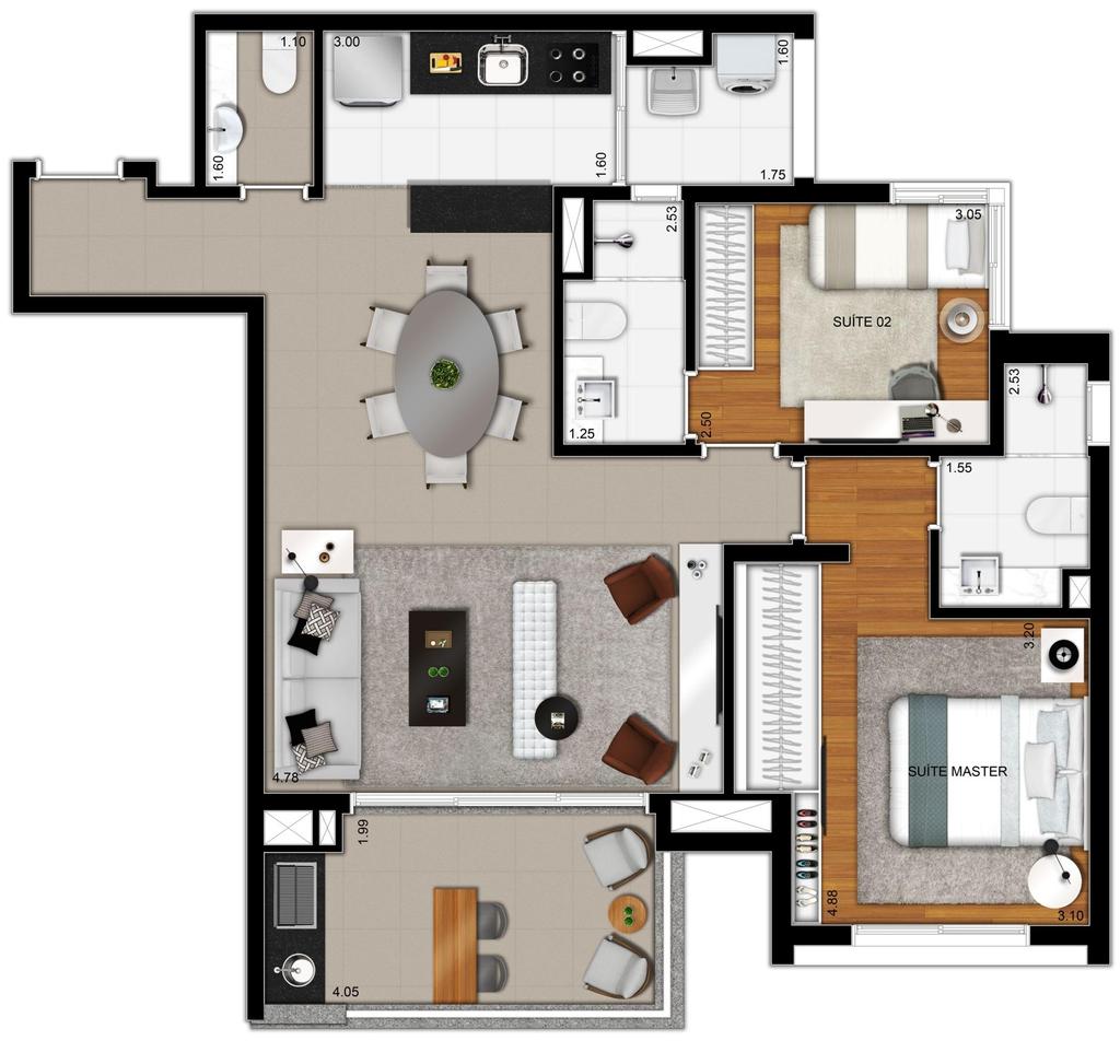 Rua Napoleão Laureano Rua Isabel de Castela 90,10m² - opção 5-2º, 4º e 6º pavto - final 2 2 suítes Lavabo Living ampliado Cozinha intergrada ao living 2 vagas Depósito privativo Terraço com