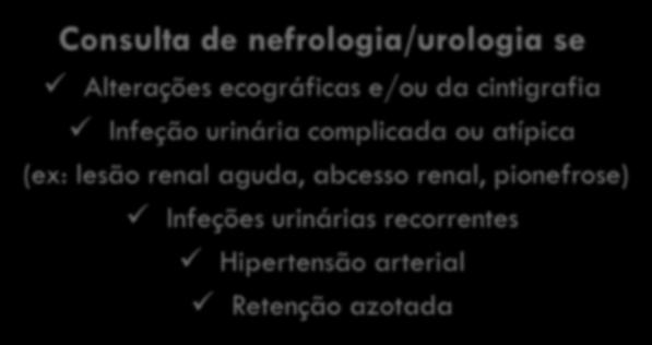 Infeção do trato urinário Infeção febril trato urinário Ecografia renal e vesical ponderar cintigrafia cistografia Consulta de nefrologia/urologia se Alterações ecográficas