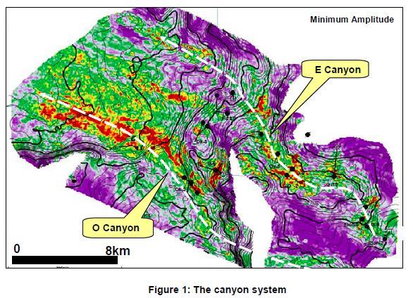 Figura 4.27: Presença de cânions na região do reservatório (Choundhary et al., 2012) O contato óleo-água foi definido no poço de avaliação a 3.989 ft.