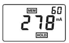 Para gravar um registro na memória, durante a medição de corrente ou resistência pressione a tecla POWER por 3 segundos, a indicação
