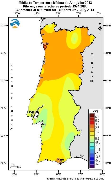 Stº António e +3.5 C em Monção. Os desvios da temperatura máxima variaram entre -0.7 C em Faro e +6.4 C em Monção e da temperatura mínima entre -0.4 C em Setúbal e +2.8 C no Porto.