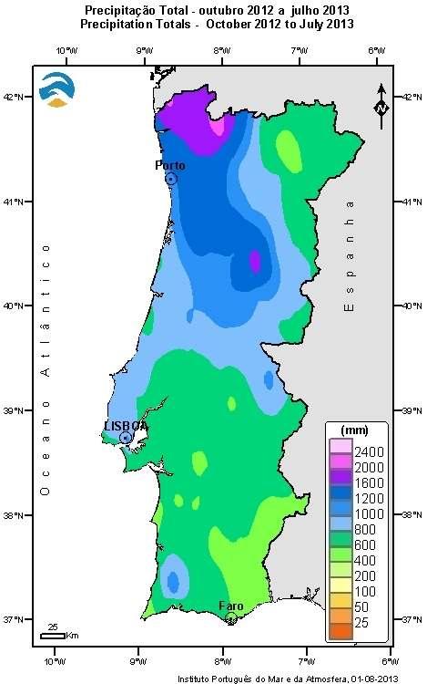 Figura 5 - Precipitação acumulada desde 1 de outubro 2012 e percentagem em relação à média Índice de Seca PDSI Em 31 de julho de 2013 e segundo o índice