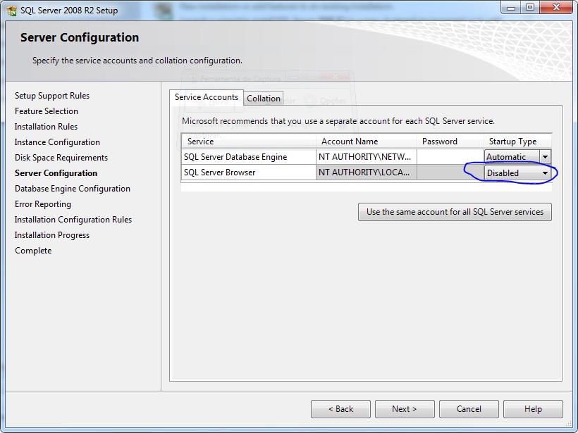 A tela de configuração do servidor será mostrada 1. Altere a opção Startup Type do serviço SQL Server Browser para Automatic. 2.