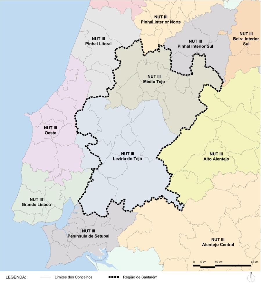 Enquadramento Área geográfica A Região de Santarém é entendida como a área geográfica correspondente à aglomeração da sub-região NUT III Médio Tejo e da sub-região NUT III Lezíria do Tejo, com