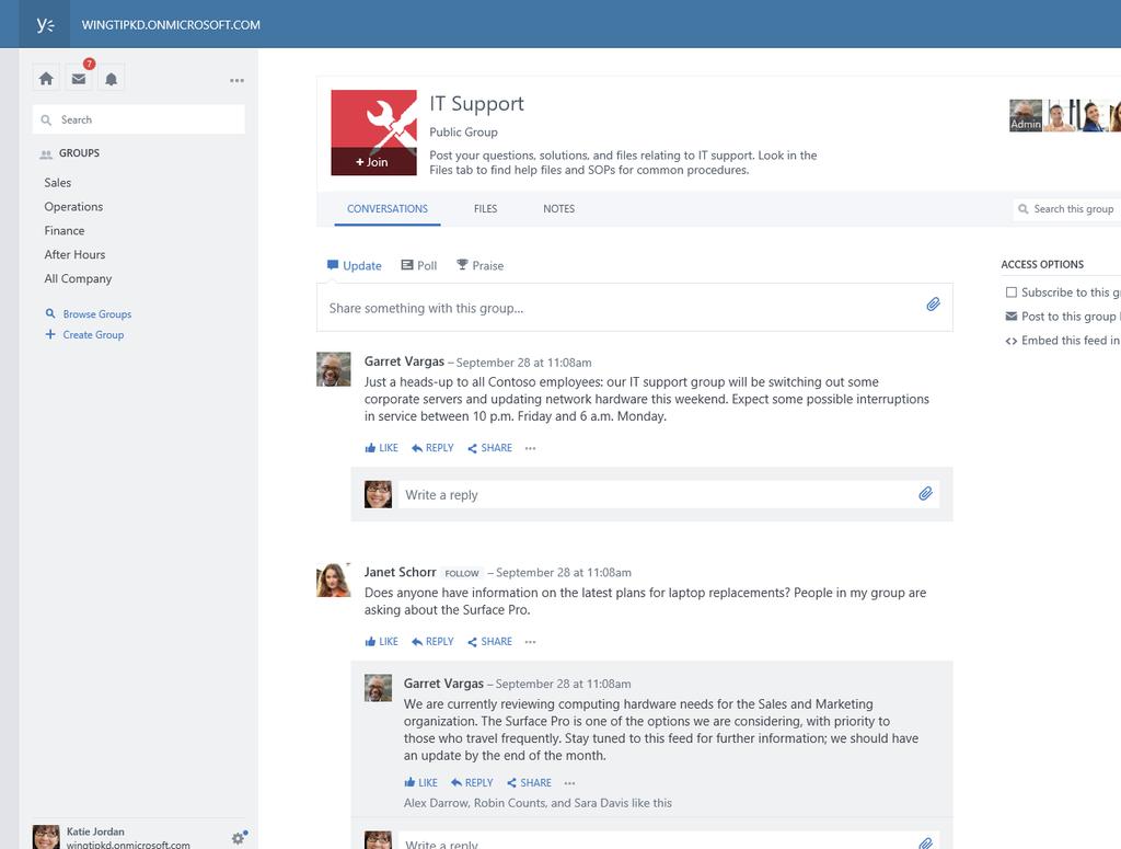 Yammer para suporte técnico Transforme o seu suporte técnico de TI dependente de um elevado nível de contacto num sistema mais automatizado e assente em autosserviço com o Yammer.