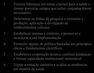 Página 38 Funções Básicas da OPAS 1. Exercer liderança em temas cruciais para a saúde e formar parcerias sempre que ações conjuntas forem necessárias. 2.