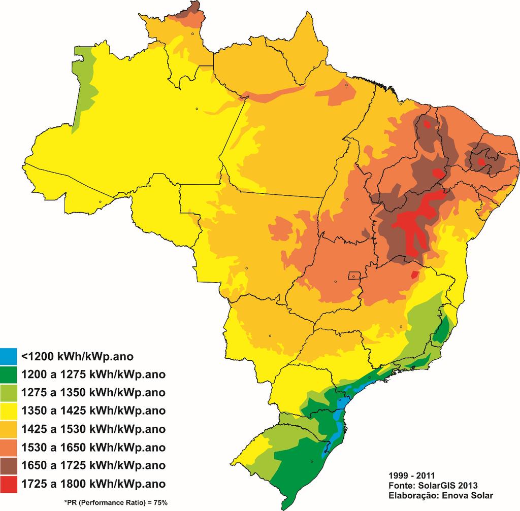Figura 8 - Mapa Solarimétrico Brasileiro de Produtividade - média 1999 a 2011 Fonte: SolarGIS - Elaboração: Enova Solar O terceiro fator fundamental é o custo da tarifa de energia elétrica deste