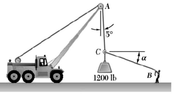 16. Para a situação descrita na figura, determine o ângulo α para o qual a tração no cabo BC seja a menor possível e as correspondentes trações nos dois cabos, T BC e T AC. W = 5,34 kn 17.