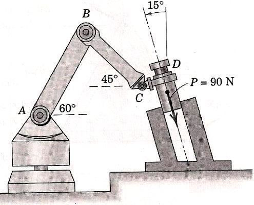 longitudinal do furo, conforme mostrado. Determine as componentes da força que o cilindro vazado exerce sobre o robô sobre os eixos paralelo e perpendicular ao braço AB. 18.