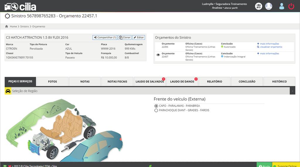 10 TELA: ORÇAMENTO DE ABERTO SINISTRO PASSO 7: Essa é a tela onde o Analista pode visualizar todas as informações do orçamento, ela é aberta quando o Analista clica em Abrir Orçamento na tela de