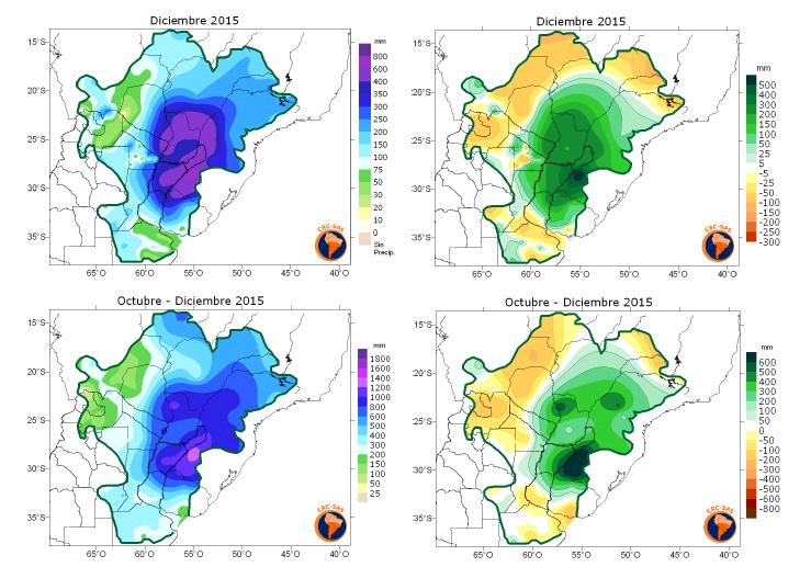 Situação atual da Bacia do Rio Prata Durante o último trimestre de 2015, as precipitações no nordeste da Argentina, sul do Brasil, leste do Paraguai e norte do Uruguai foram maiores que 500 mm, com