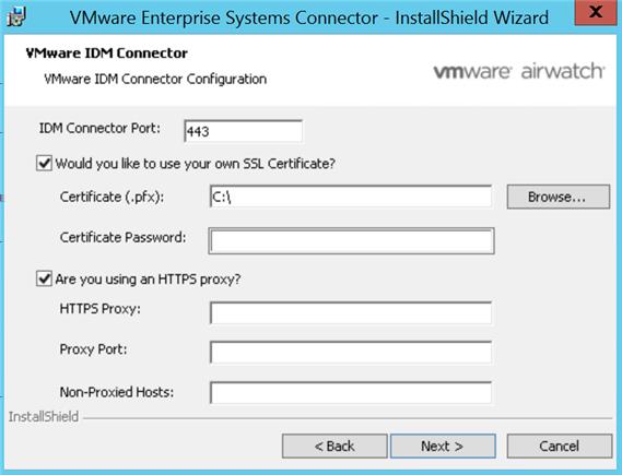 Instalação e Configuração do VMware Enterprise Systems Connector 10 (somente VMware Identity Manager Connector) Na página Configuração do IDM Connector, insira as seguintes informações e, em seguida,