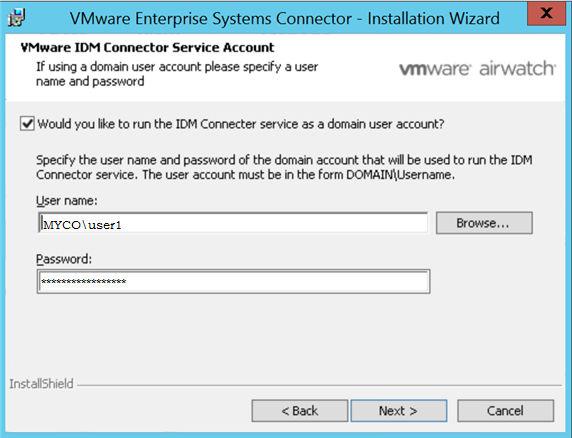 Instalação e Configuração do VMware Enterprise Systems Connector Observação Para fazer seleções nesta página, você deve estar executando o instalador como usuário de domínio que faz parte do grupo de
