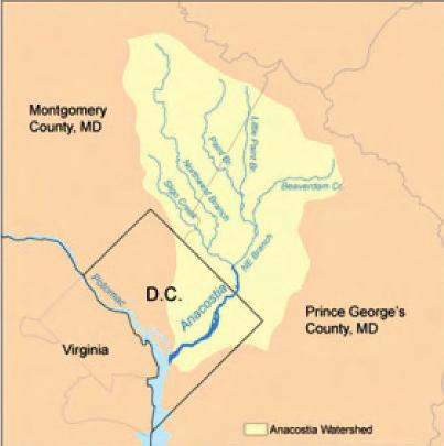 Figura 71: A bacia hidrográfica do rio Anacostia e o Washington D.C.