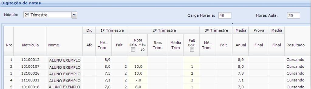 A configuração de parciais é igual ao registro de modelos, porém será específico da turma selecionada. 2.5.1.