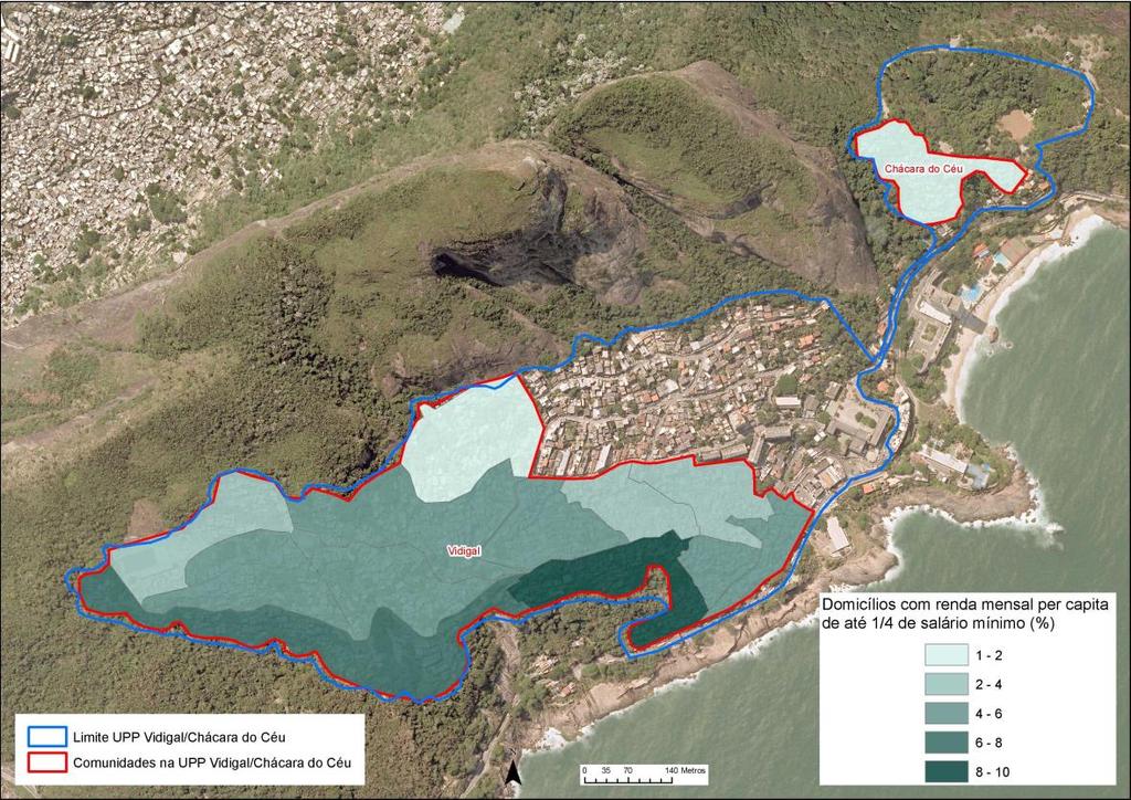 Mapa 9 Percentual de Domicílios Particulares com Renda Mensal declarada: RDPC até ¼ de Salário Mínimo segundo os Setores Censitários das comunidades na UPP Vidigal 2010 Fonte: Dados do Censo