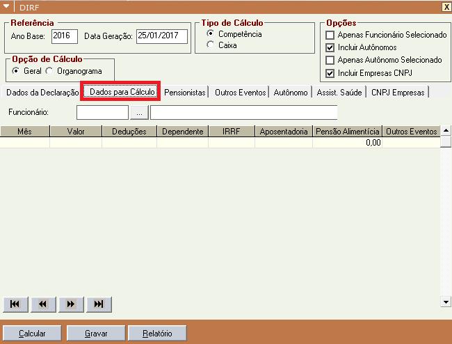 - Dados para Cálculo: Essa tela irá ser preenchida automaticamente após calcular, devendo ser acessado para também fazer ajuste de valores caso haja necessidade.