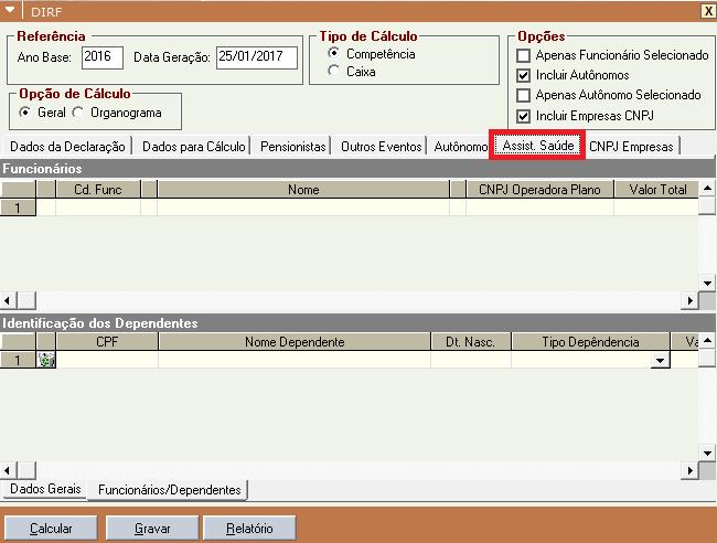 No sistema 4R, a DIRF pode ser parametrizada para calcular com o Tipo de Calculo, Competência que levará os valores correspondentes de 01/2016 à 12/2016 ou por Caixa que levará os