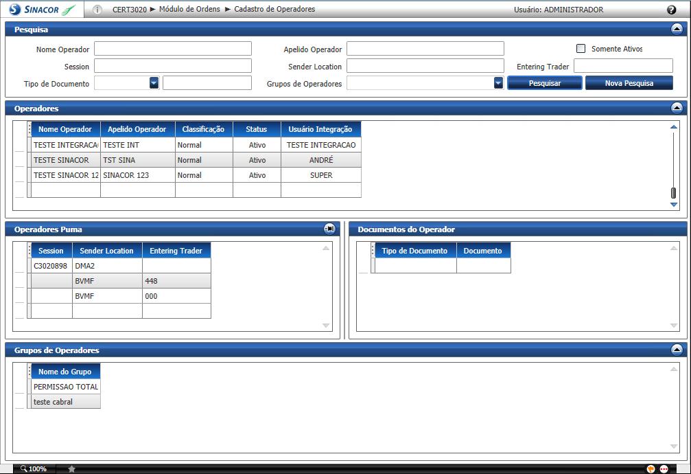 Figura 1 Cadastro de Operadores 1.2 Validar operadores no Módulo Controle de Ordens BM&F. Objetivo: Validar se o operador SUP está cadastrado no módulo Controle de Ordens BM&F. 1. A cessar: Controle de Ordens BM&F > Cadastro > Operador > Operadores.