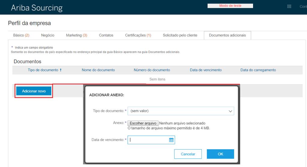 Escolher Adicionar novo para adicionar um novo documento ao perfil da empresa. 3.2.