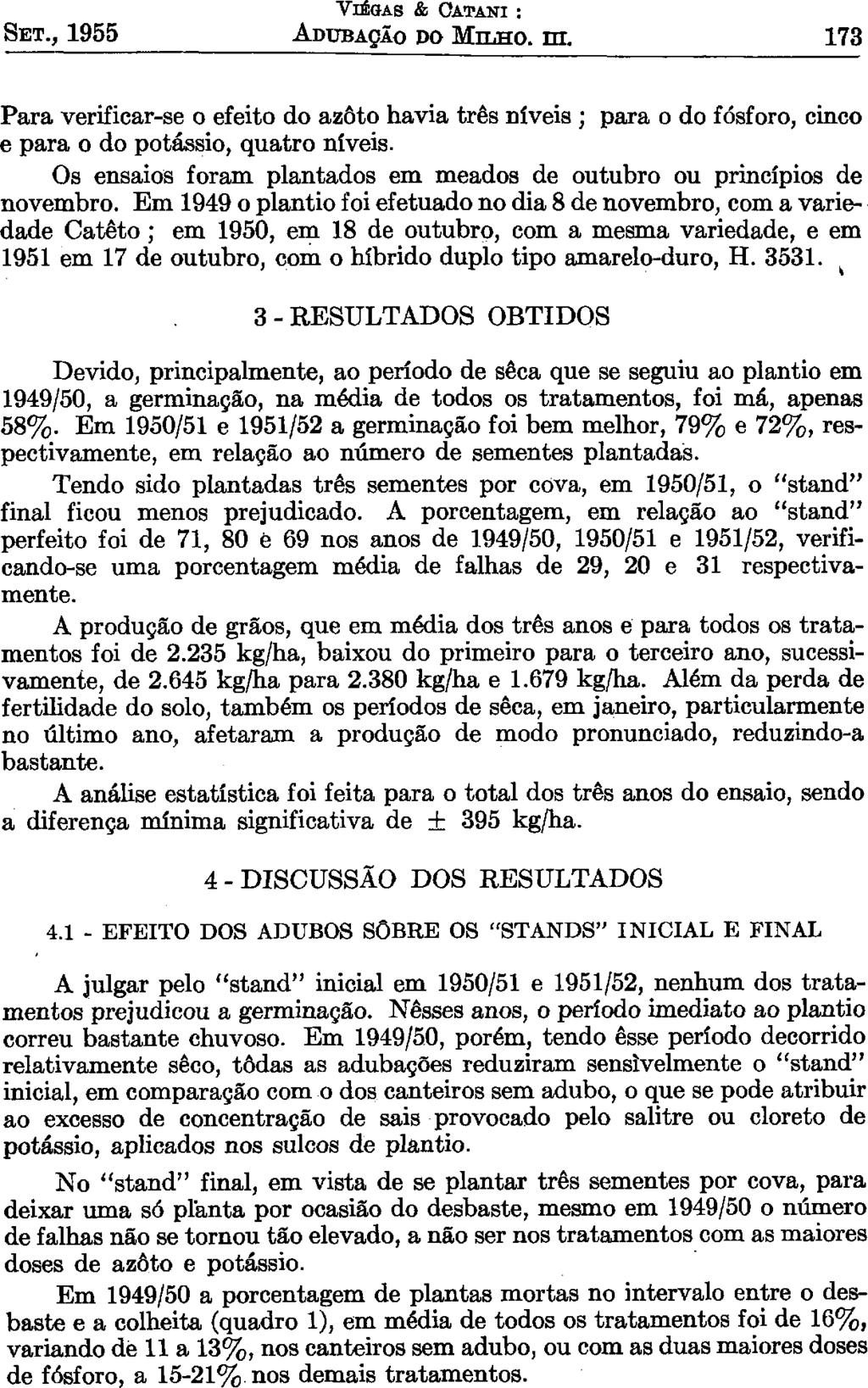SET., 1955 VIEGAS & OATANI : ADUBAÇÃO DO MILHO. m. 173 Para verificar-se o efeito do azôto havia três níveis ; para o do fósforo, cinco e para o do potássio, quatro níveis.