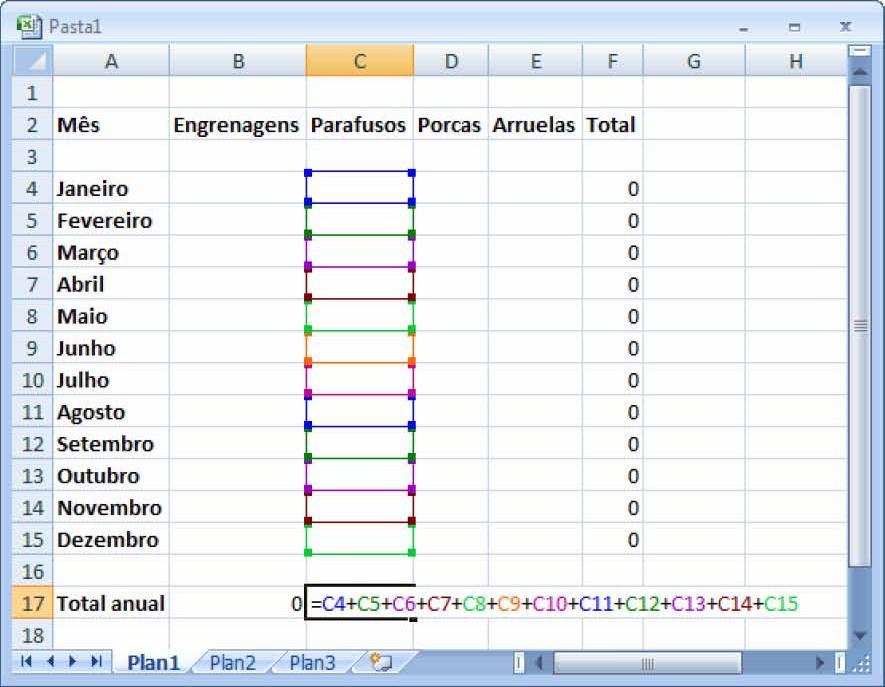 Excel 2007, que facilita o cálculo, somando todas as células especificadas.