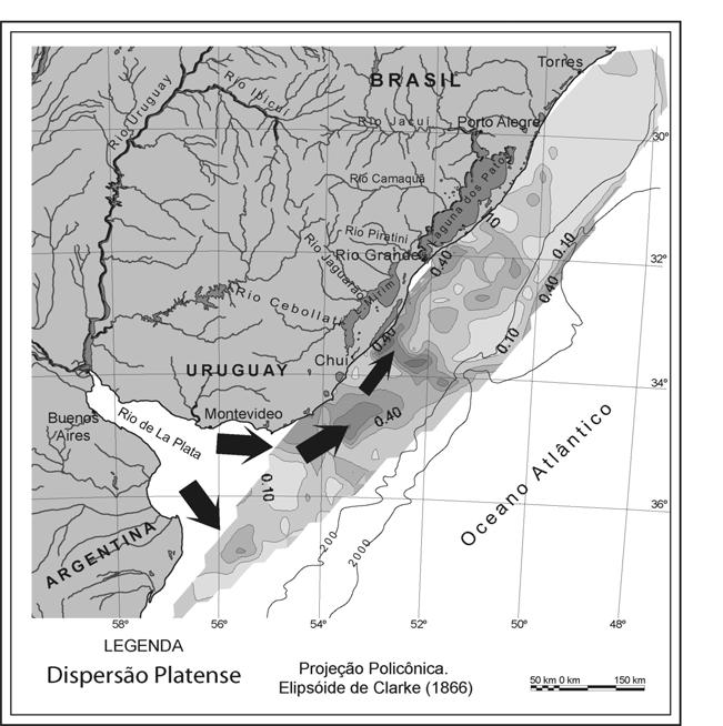 Figura 10 - Distribuição do quarto componente (apatita, zircão e silimanita) de dispersão dos minerais pesados (Fator 4) Dispersão Platense. As setas indicam a direção predominante da dispersão.