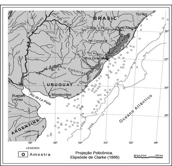 Figura 1 - Mapa de localização da área de estudo e dos pontos amostrados. Tabela I - Porcentagem de minerais pesados na fração granulométrica 2-4Φ.