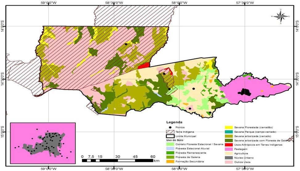 Moreira C, et al. Figura 3: Análise espacial do tipo de vegetação predominante no município de Tangará da Serra/MT, associado com a presença de casos em áreas indígenas.