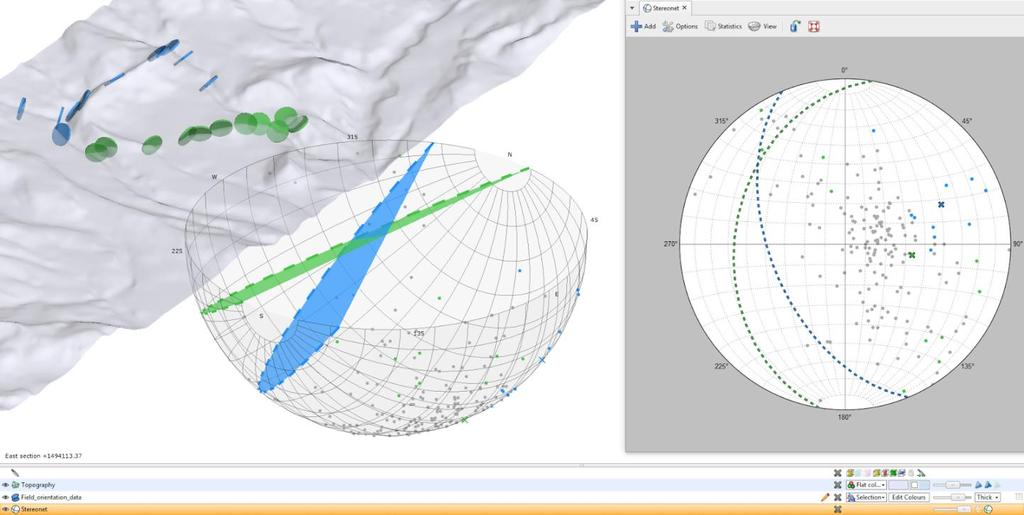 especificado. Stereonet em 3D Visualize um stereonet no cenário 3D para auxiliar na descoberta de tendências, relações e estruturas geológicas.
