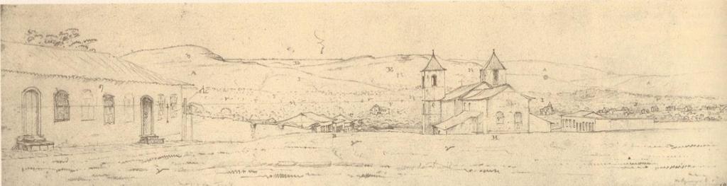 132 Figura 81 William Burchell, Meiaponte, 1827. Lápis, 260 x 480 mm. Fonte: FERREZ,1981. A Figura 81, representa a cidade de Meiaponte (Atual Pirenópolis).