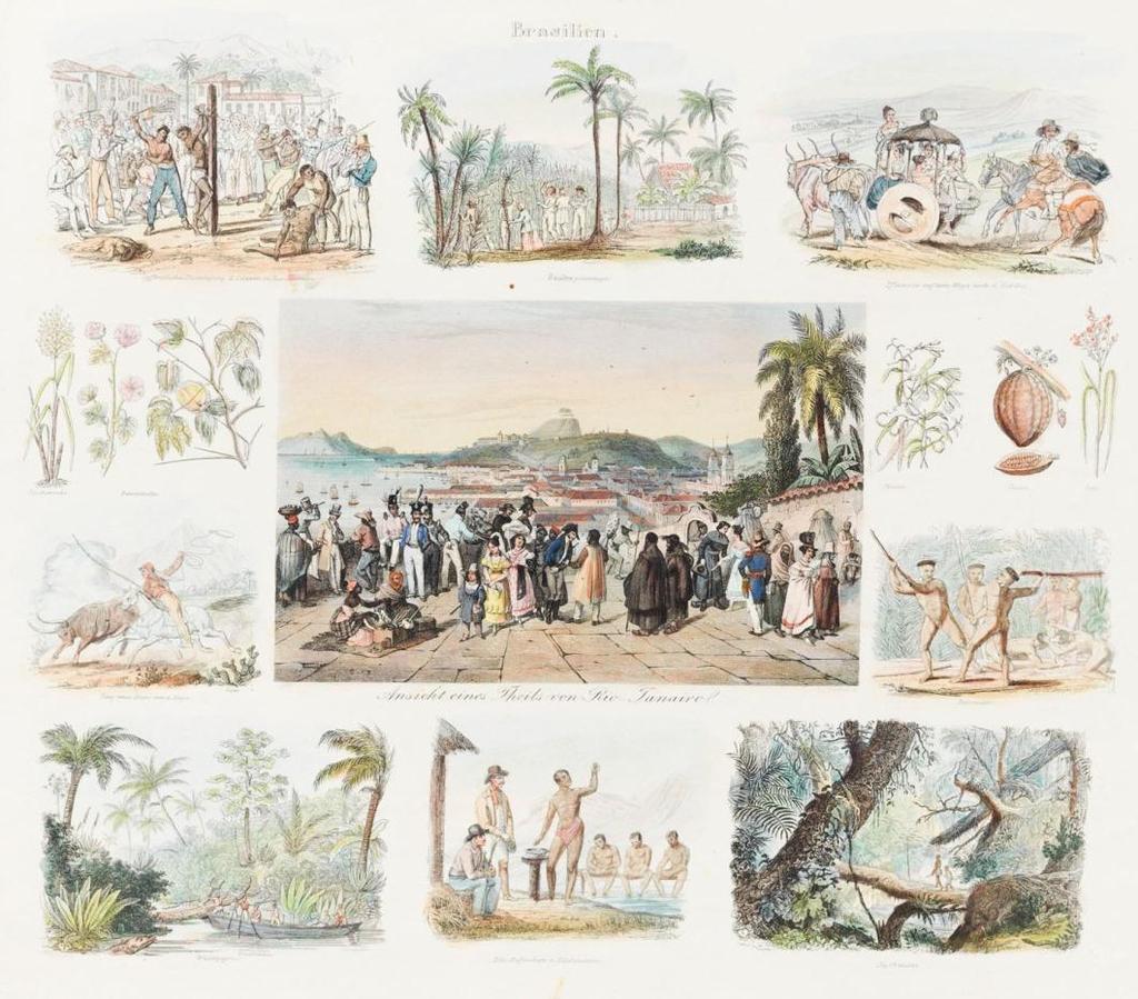 99 imagem única ou agrupados numa forma que remotamente lembram métodos como os de Warburg. Figura 49 Johann Moritz Rugendas, "Brasilien", imagens que tentam resumir as paisagens brasileiras.