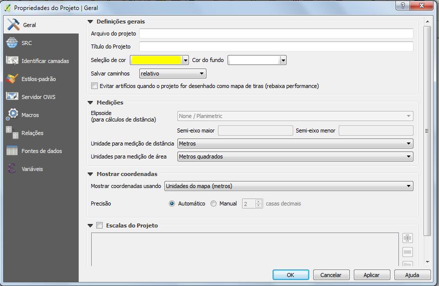 No menu Projeto selecione Propriedades do projeto (Ctrl+Shift+P) e aparecerá a seguinte janela: Na aba Geral, dê um nome qualquer como Título de Projeto.