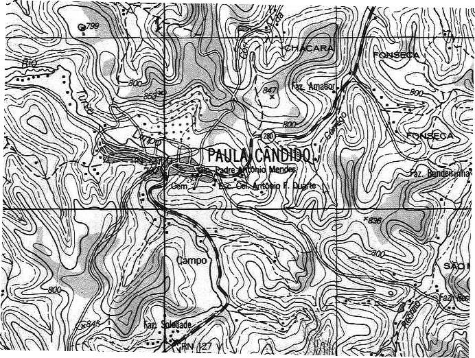 A Figura 02 mostra a localização aproximada da área requerida em relação ao município de Paula Cândido em uma base cartográfica 1:50.000 (IBGE, 1979).