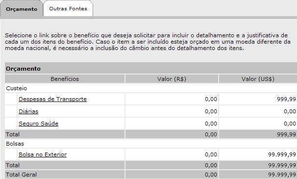 Para finalizar o preenchimento das despesas de transporte, clique em planilha de orçamento será atualizada: e a Para Bolsas Novas Fronteiras, há