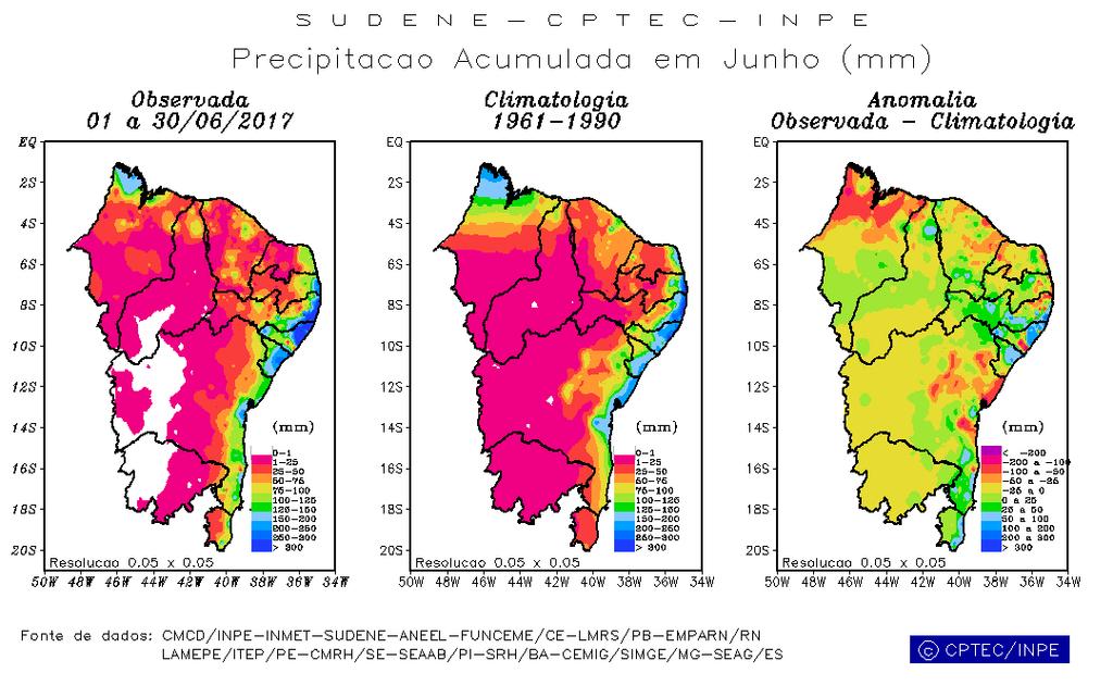 (a) (b) (c) Figura 1. Espacialização da precipitação (mm) mensal no mês de junho na região Nordeste do Brasil (NEB): (a) precipitação acumulada; (b) climatologia; (c) anomalia de precipitação.