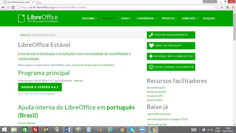 COMO BAIXAR E INSTALAR O LIBREOFFICE VERSÃO 4? 1-Acesse ao site: https://pt-br.libreoffice.org/baixe-ja/libreoffice-stable/ 2-Clique no botão Baixar a versão 4.4.7 Arquivo baixado: LibreOffice_4.4.7_Win_x86 3-Clique duas vezes no arquivo baixado e siga a sequência da instalação.