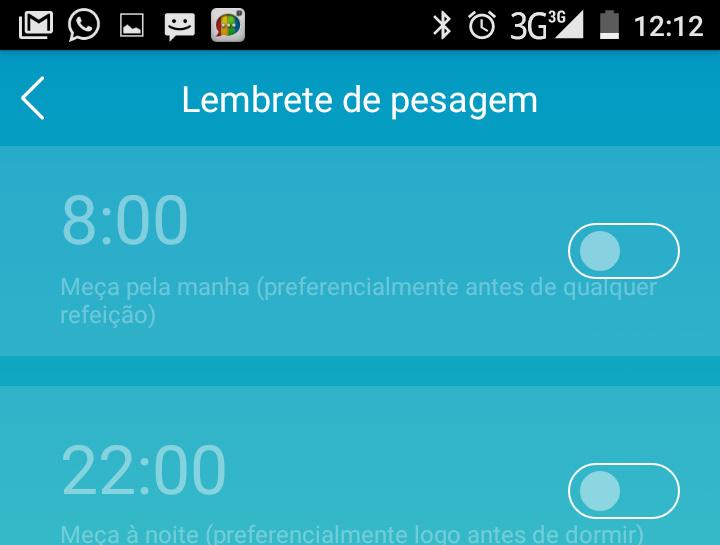 LEMBRETE DE PESAGEM Esta função permite que você: Introduza o seu peso alvo. Este peso alvo é salvo e o aplicativo informa cada vez que você se pesar o quão longe você está do seu alvo.