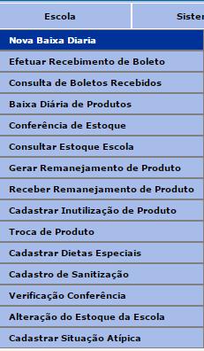 3. Baixa diária de produtos Esse é um procedimento importante pela qual a escola deverá informar tudo que foi retirado, preparado e consumido na alimentação escolar.