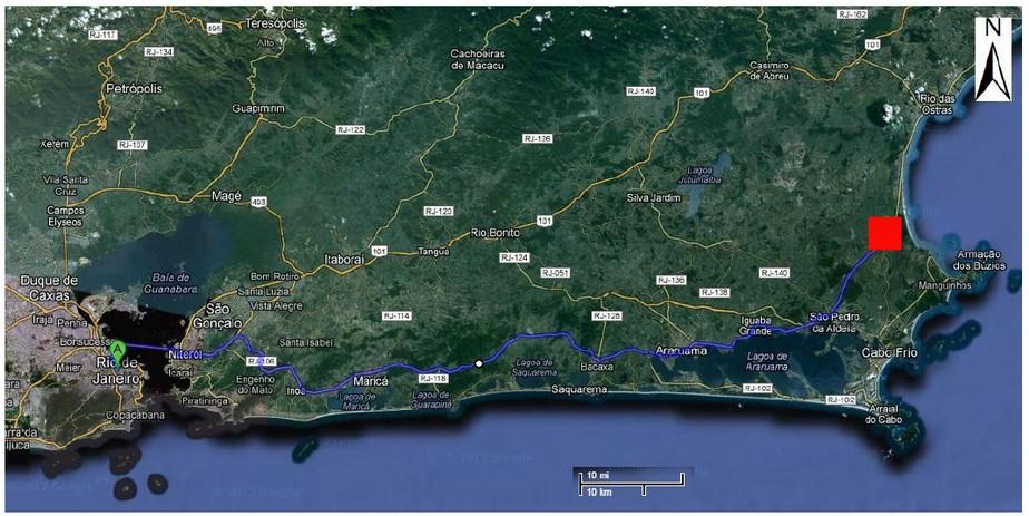 Figura 1: Localização da área de estudo (em vermelho). A área de estudo está inserida no contexto do Domínio Tectônico Cabo Frio, delimitado por Schimidt et al. 2004.