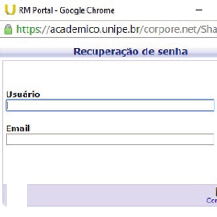 usuário (Matrícula/Chapa) e seu e-mail cadastrado no sistema.