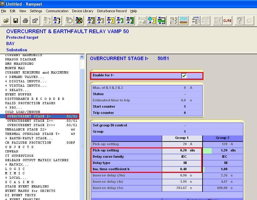 3. Parametrização do relé VAMP 50 INSTRUMENTOS PARA TESTES ELÉTRICOS 3.1 OVERCURRENT STAGE I > Nessa aba ajustam-se os valores da função de sobrecorrente temporizada.