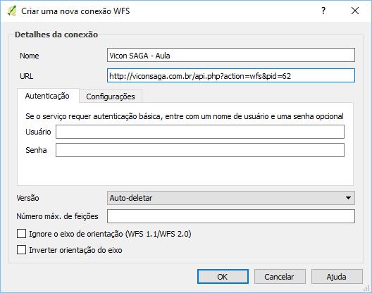 Colando a URL de conexão WFS na janela de conexão WFS do QGIS 44. Clique em Conectar para estabelecer a conexão com o servidor da plataforma Vicon SAGA.