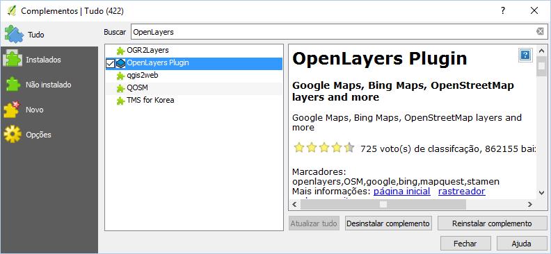 Com a janela de complementos aberta, digite no campo de pesquisa OpenLayers para buscar o componente que viabiliza a sobreposição de camadas de imagens de satélite.