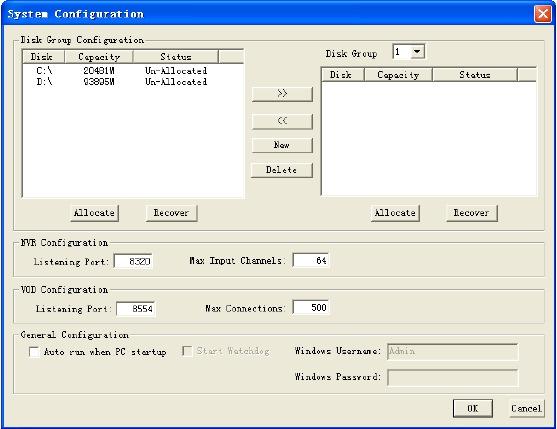 Esta caixa de diálogo de configuração consiste em 4 partes: 1. Configuração do Disco de Grupo Clique em para pré-alocar o HDD para arquivos gravados, clique em para recuperar a HDD quebrado.