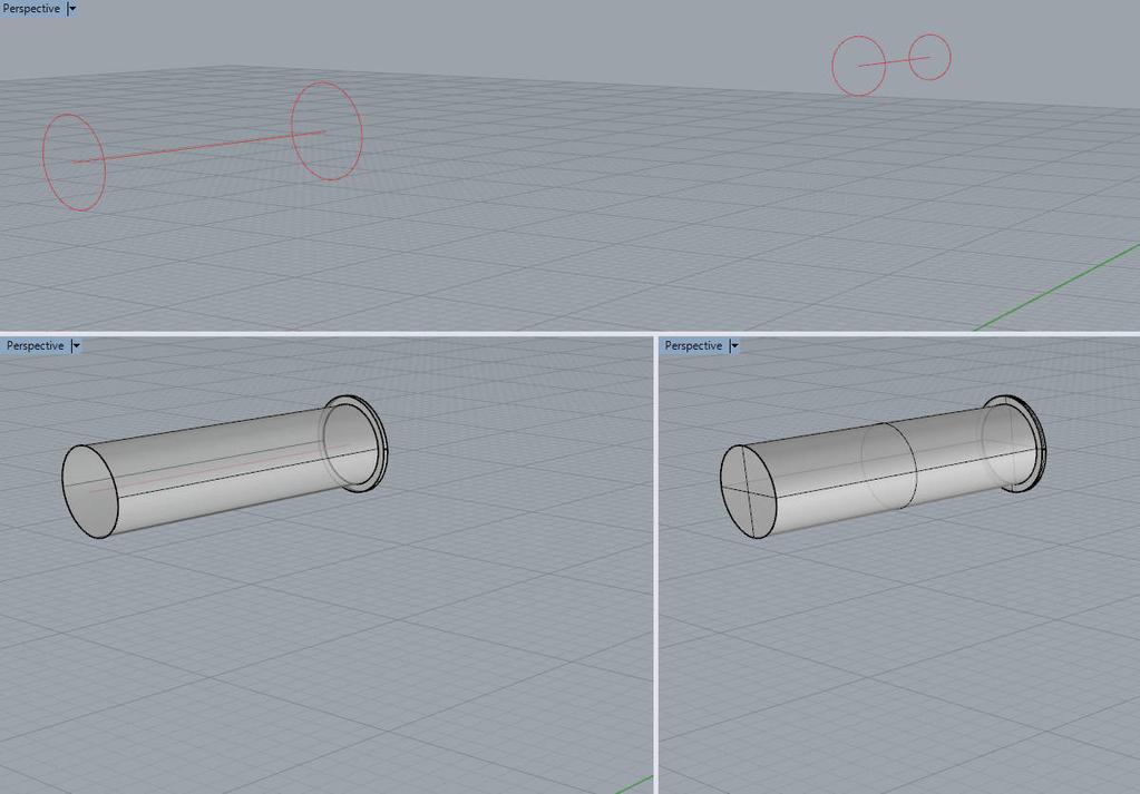 Pegas Vá em Surface > Extrude Curve > Straight e selecione um dos círculos maiores. Certifique-se que o BothSides esteja desligado, caso não esteja, clique onde diz BothSides=Yes na caixa de texto.