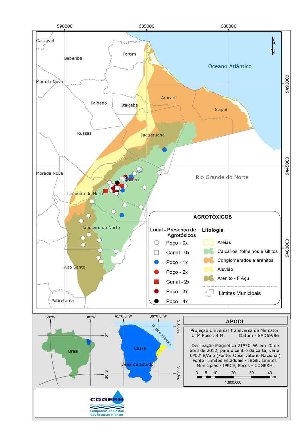 As análises de traços de agrotóxicos identificaram a presença de agrotóxicos, na época das coletas, em poços principalmente do município de Quixeré.