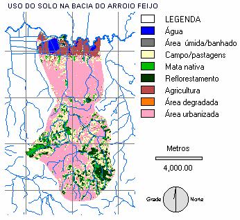 A partir da classificação da imagem foram gerados mapas com as informações específicas, como o uso dos solos (Figura 2), as áreas urbanizadas da bacia (Figura 3), que aliados ao mapa de