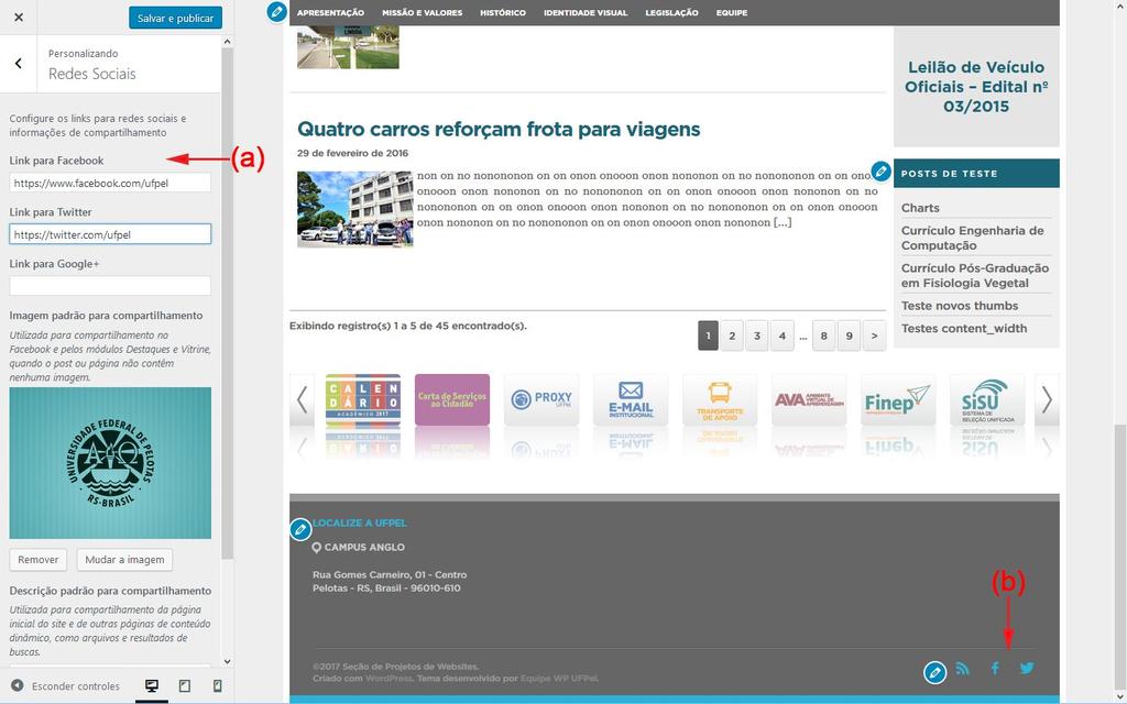 1.3. Redes sociais Na seção Redes Sociais é possível configurar endereços do Facebook, Twitter e Google+ relacionados ao seu site.